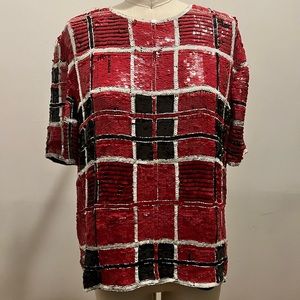 Vintage Black, White, & Red Sequin Silk Lined Top